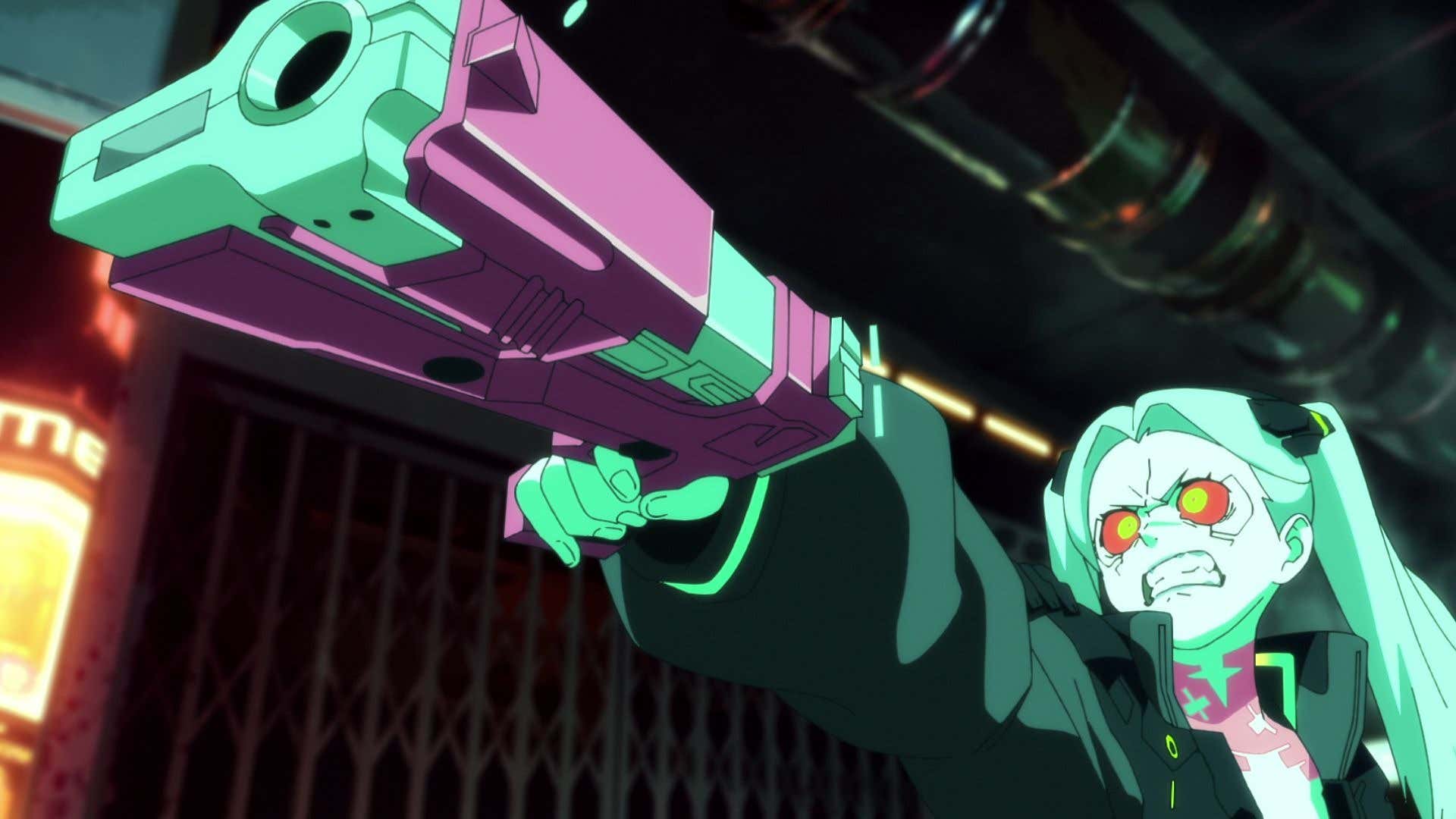 Rebecca angrily points her gun at something off-screen.